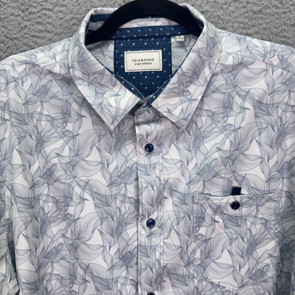 7 Diamonds Polo Shirt Mens XL Blue White 4-Way Stretch Floral Performance Office
